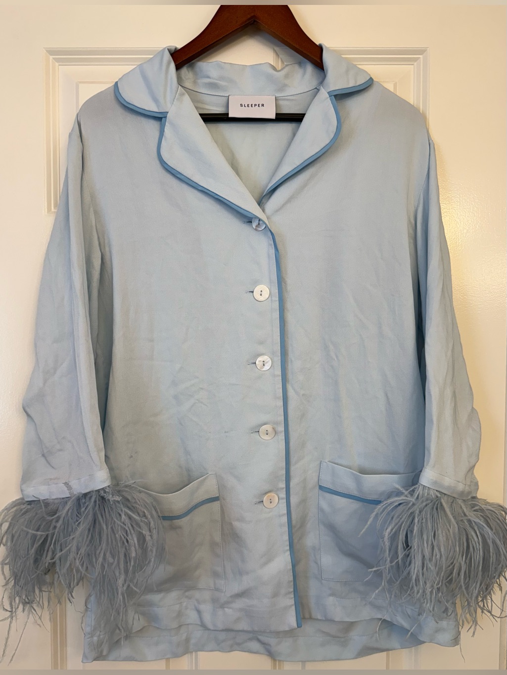 Sleeper Ostrich Feather Trim Pajama Top Blue Lounge Chic Button Front Size Med